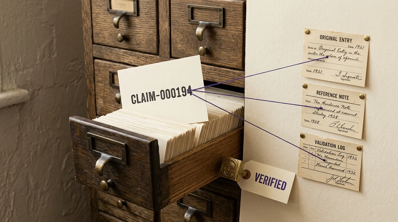 A card catalog drawer with a claim card linked to three sources